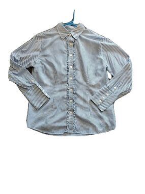 Womens Button Up Top Sz 14 Striped Blue Collared Long Sleeve Lands' End